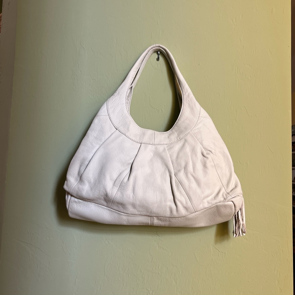 Sigrid Olsen White Leather Hobo Bag with Blue and Green Lining.